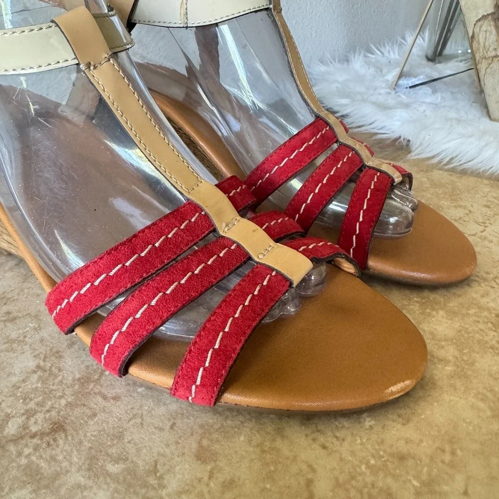 Paul Green Sandals Womens UK 6 US 8.5 T Strap Genuine Leather Strappy Wedge Red